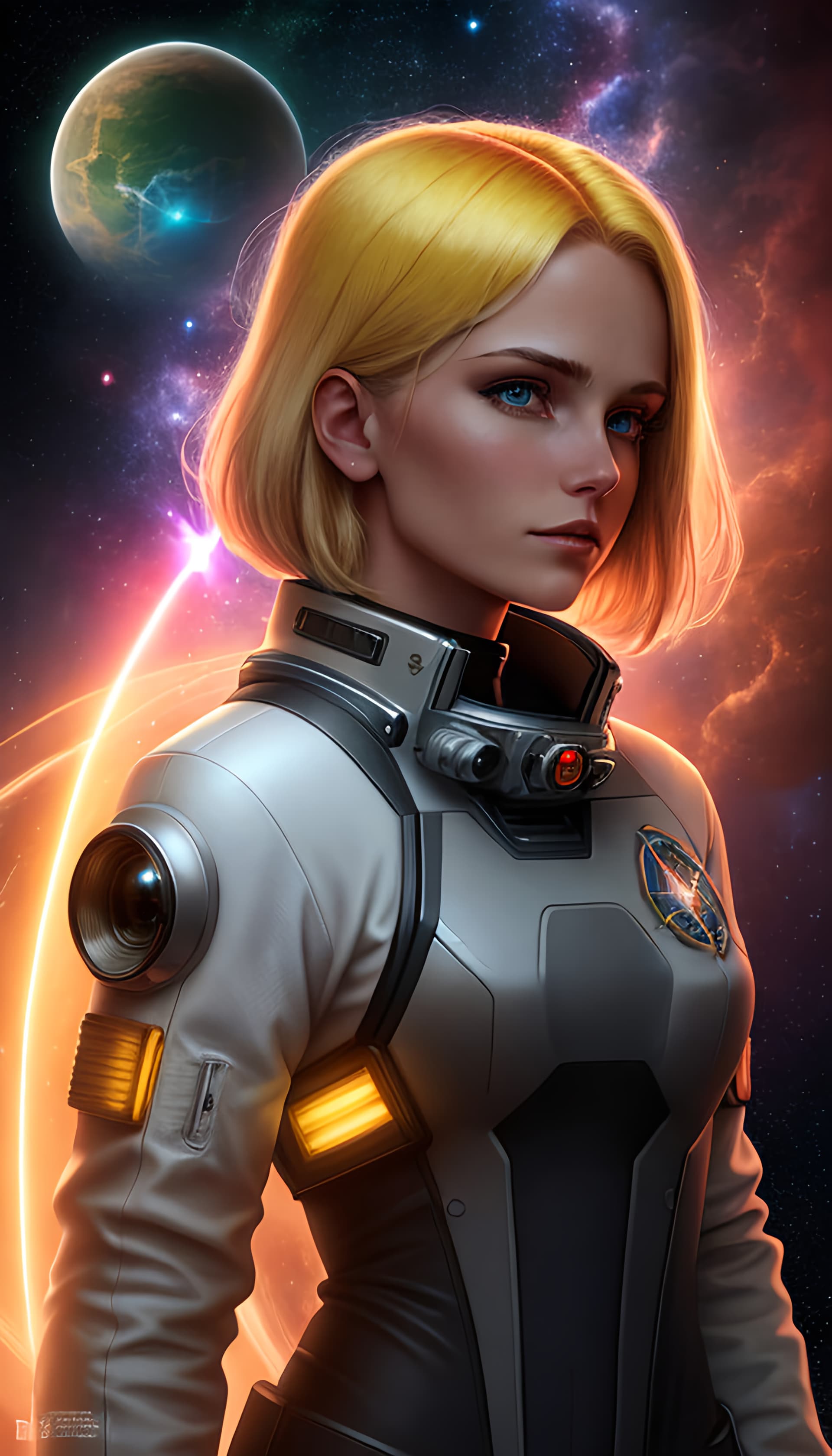 AI generated: A starfield sci-fi poster of female characters with short blond straight hair, tilted head with lens...