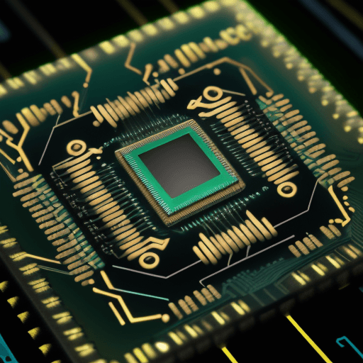 AI generated: a close up of a CPU chip on a printed circuit board, computer graphics by Armin Baumgarten, quantum ...