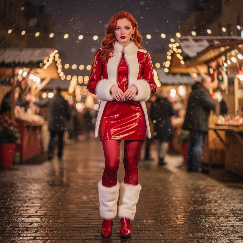 AI generated: A young beautiful redhair woman at a Christmas market,full-body,latexlolitalingerie, look, christmas...