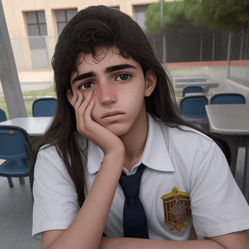 AI generated: un persona joven estudiante triste con aspecto español y ojos marrones en un patio de instituto con ...