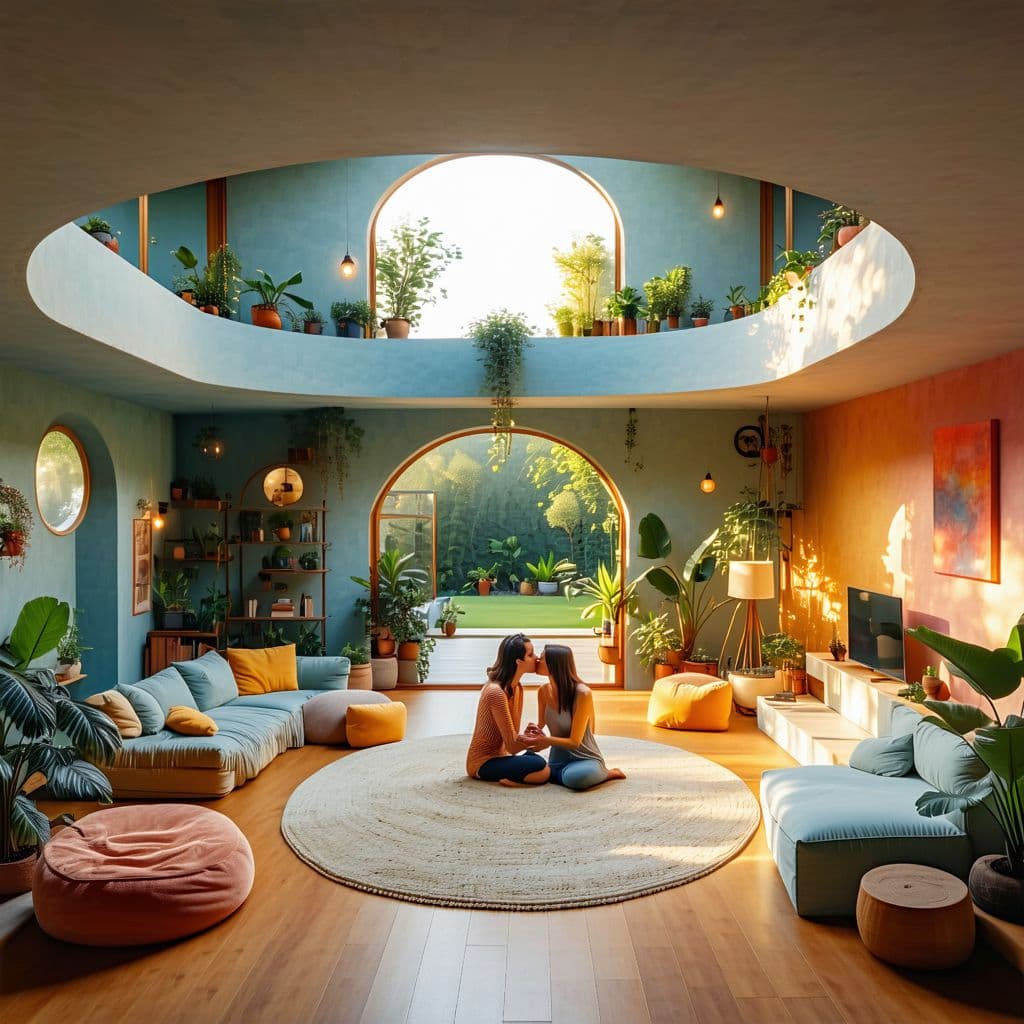AI generated: High resolution photography interior design, dreamy sunken living room conversation pit, wooden floo...