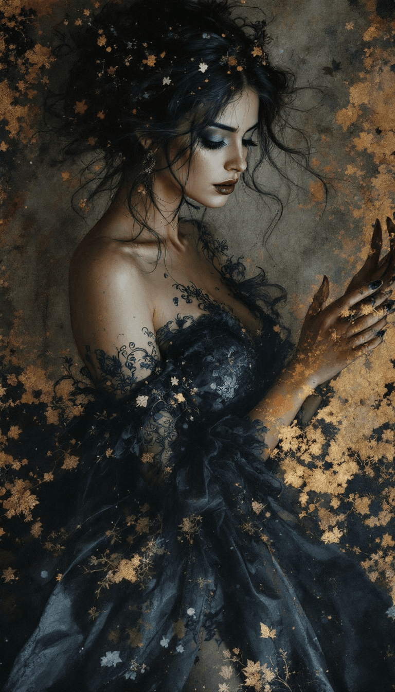 AI generated: Dark Fantasy Art, half l Body of a gypsy spanish woman in flamenco clothes, Blender stylized charism...