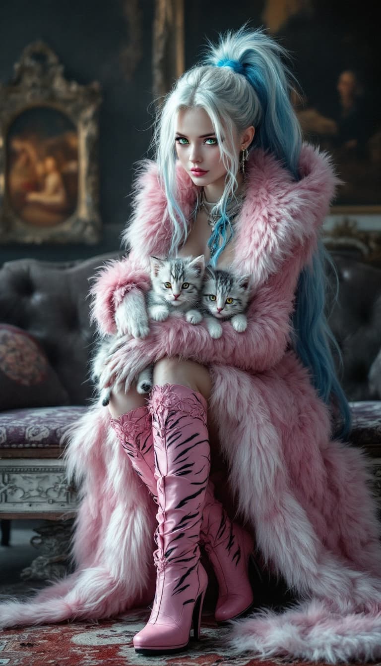 AI generated: Evergarden, full body open furry costume with feet, girl with kittens and ponytail, tiger eyes, extr...