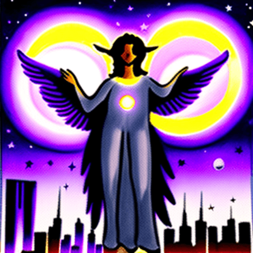 AI generated: Post modern angel metatron in a cityscape with three moons in a purple nightsky