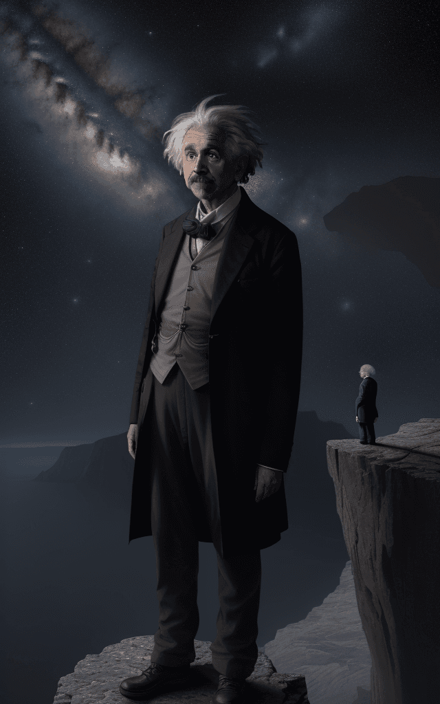 AI generated: : Create an awe-inspiring image of Albert Einstein, standing at the edge of a high cliff overlooking...