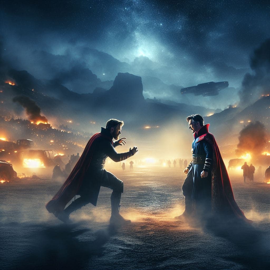 AI generated: Thor vs. Doctor Strange final battle, devastated setting, desert, night, fog, endgame, realistic