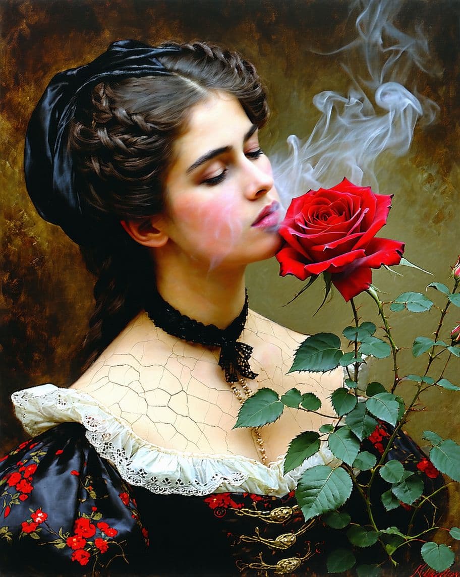 AI generated: Prompt: A romantic style oil painting of a woman dressed in late 1800's period clothing,  deeply inh...
