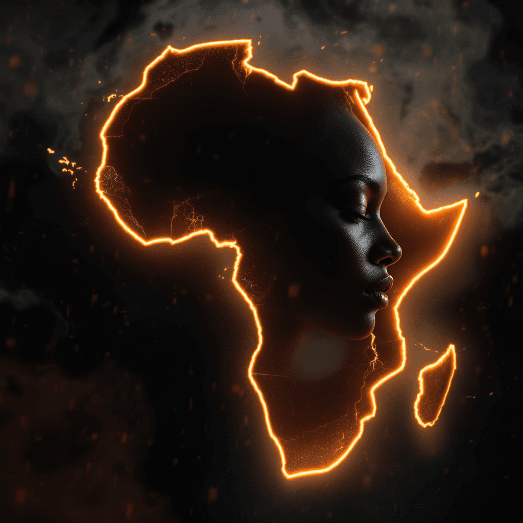 AI generated: A hyper-realistic 3D digital artwork of the silhouette of a Black African woman’s upper body and fac...