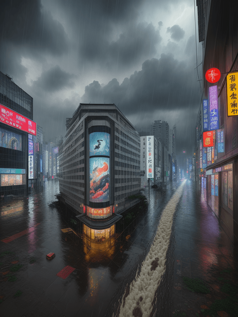 AI generated: A heavy storm and flooding of a taiwan city corner,iconic album covers,
rain,typhon,
litter,intricat...