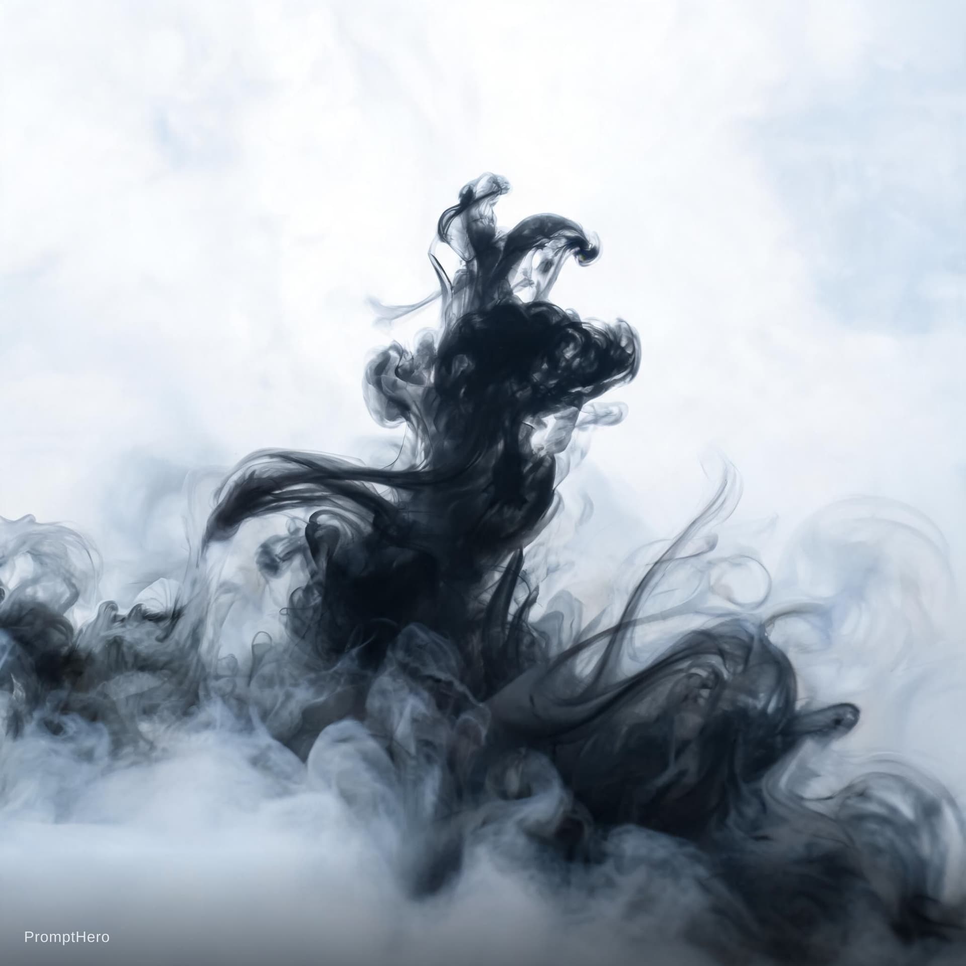 AI generated: A [subject] emerges from swirling liquid plumes suspended in milky water, shaped by flowing ink diff...