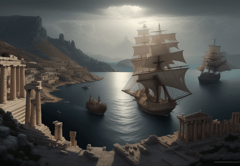 AI generated: artemisia in an ancient greek landscape, high contrast, concept art, city, aegean sea, ships, dramat...
