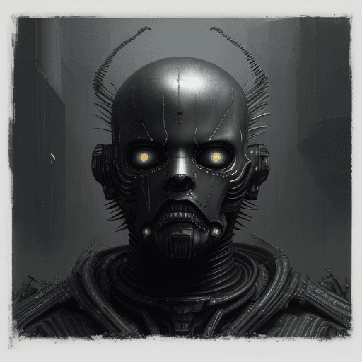 AI generated: artistic, oil painting, front view, heavy brushed, sci-fi, bizarre human robot, gaze, H.R Giger ::1 ...