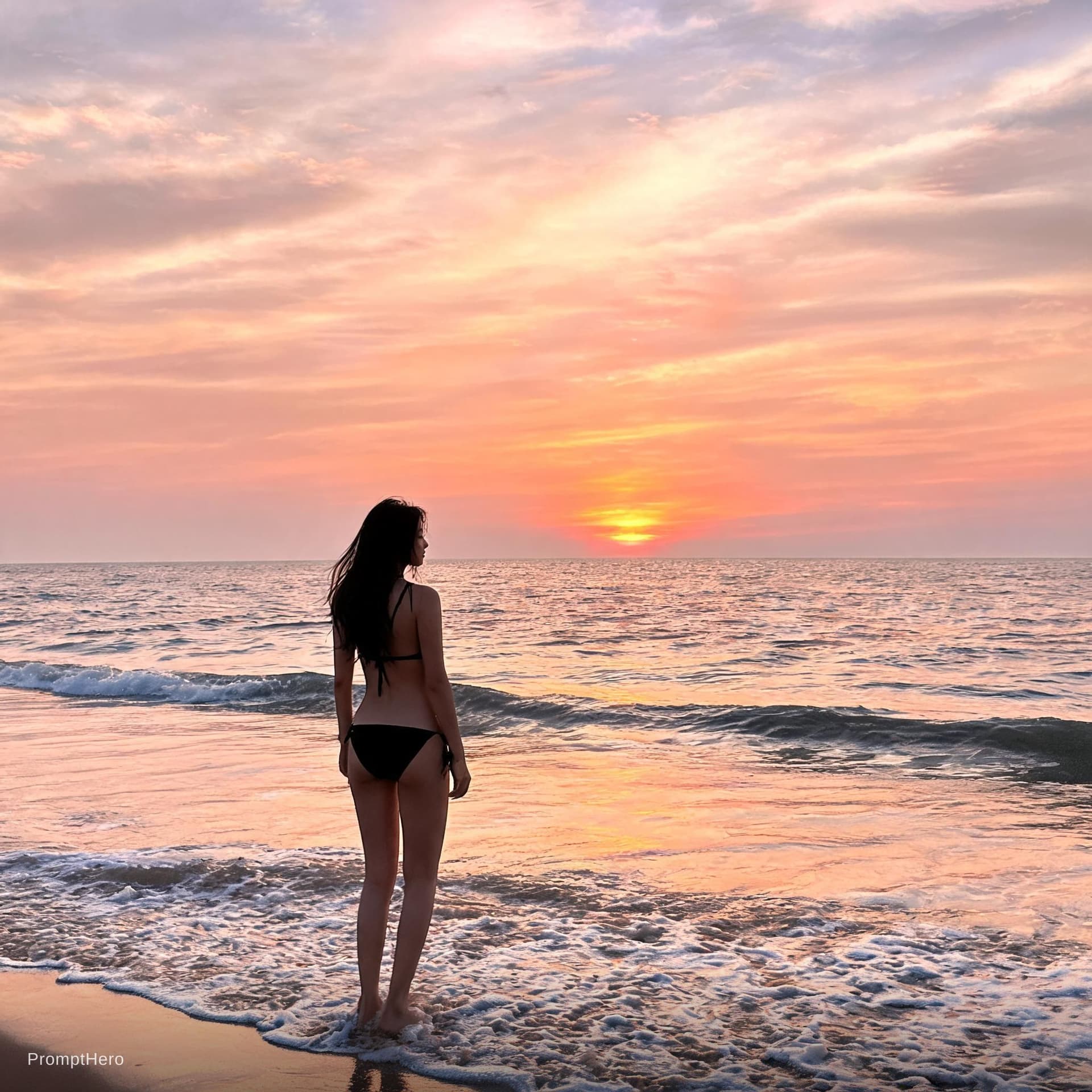 AI generated: a woman wearing a minimal bikini at the beach during sunset