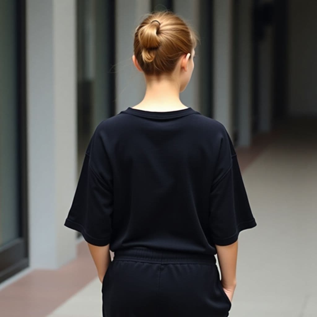 AI generated: Beautiful 20-year-old girl in a black wide T-shirt and black sweatpants, view from the back