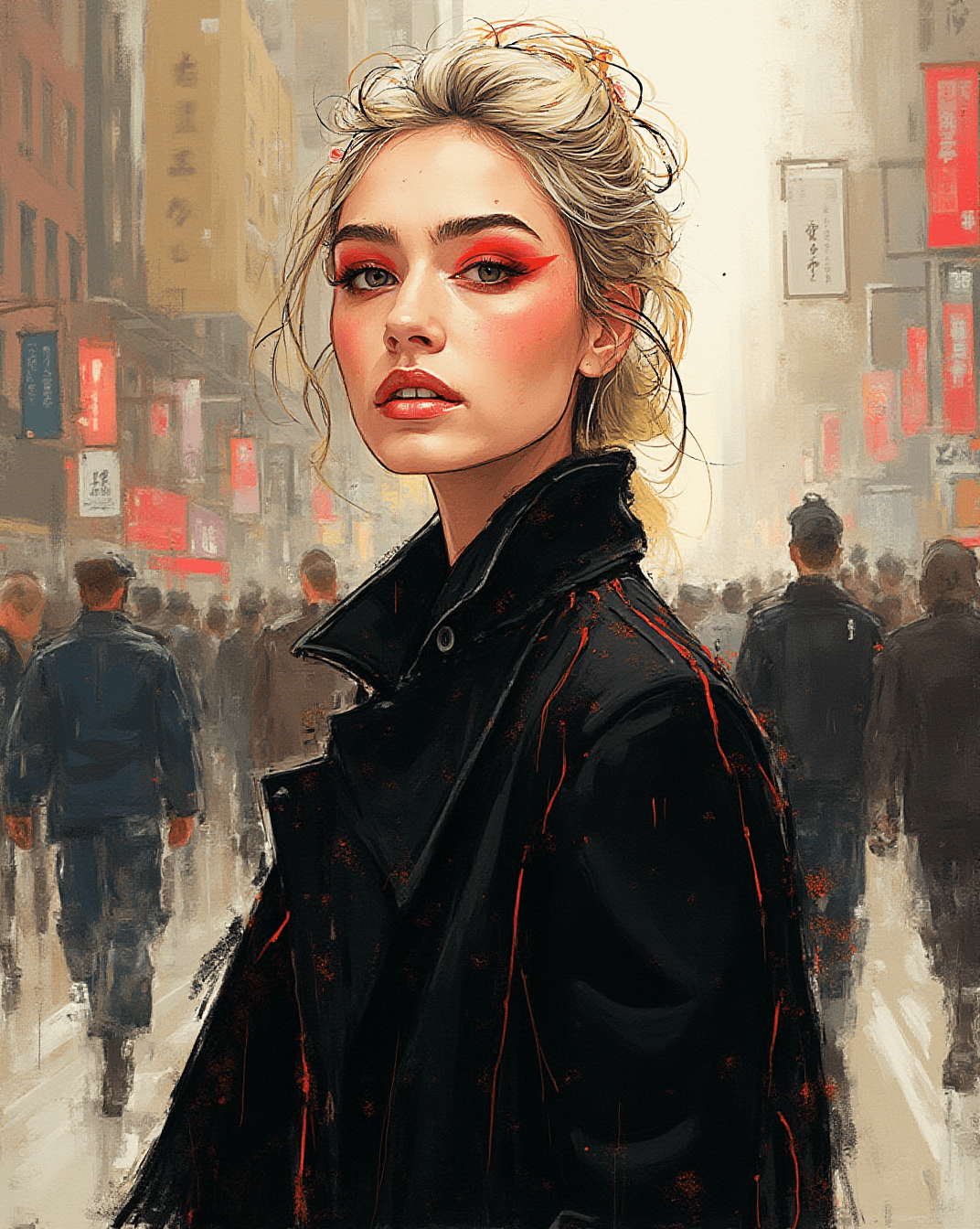 AI generated: A detailed digital painting of a young woman with platinum blonde hair in a messy updo, wearing a bl...
