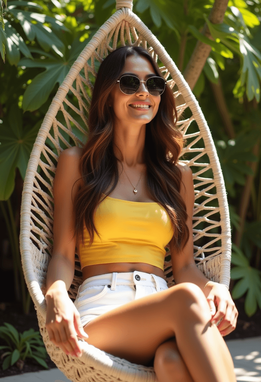 AI generated: woman relaxing outside on a hanging chair, long brunette hair, form fitting yellow crop top, white s...