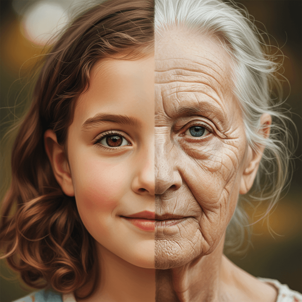 AI generated: A face, half young girls and half elderly people in their eighties --ar 4:5 --s 850 --niji 6