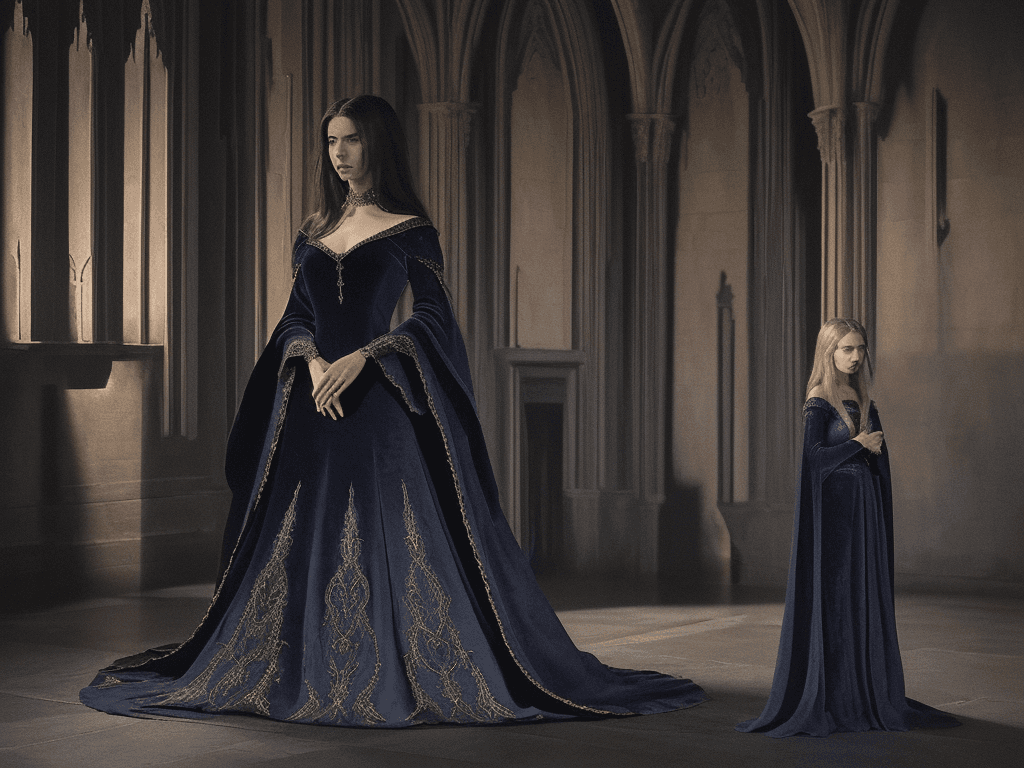 AI generated: In a grand, dimly lit chamber within a medieval castle, a woman stands tall, her attire a testament ...