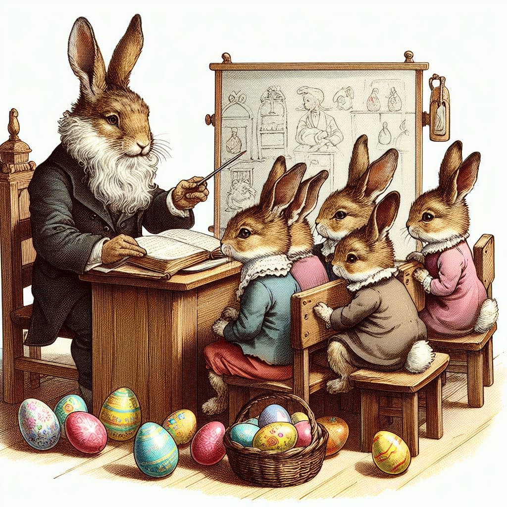 AI generated: Easter leverets sitting in a easter hare school, their teacher is an experienced easter hare lecturi...