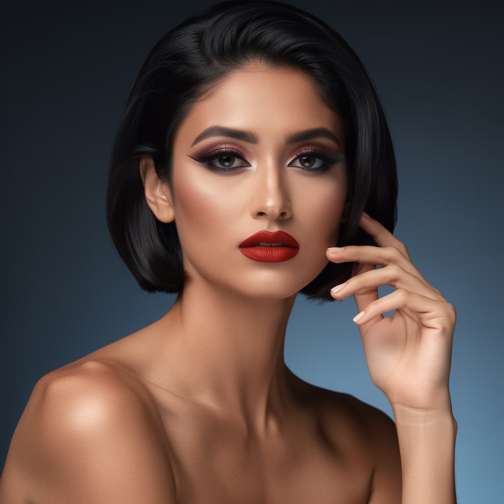 AI generated: Create a highly detailed, photorealistic portrait of a woman with short black hair and dramatic make...