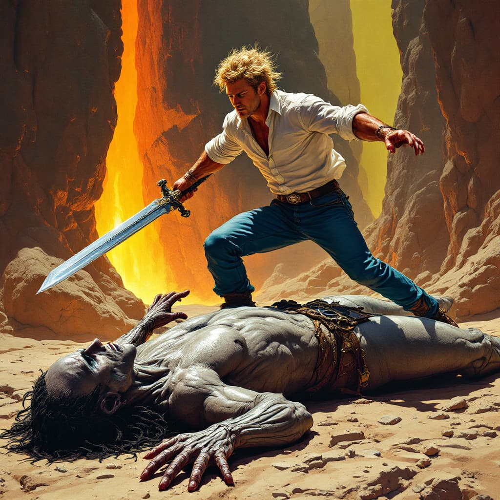 AI generated: A blond man in blue jeans and a white shirt, holding an iron sword, is jumping on top of the body of...