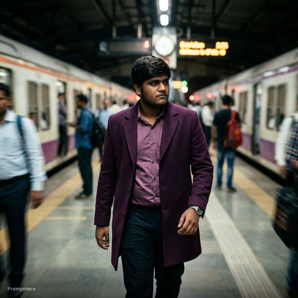 AI generated: fashion editorial photography, motion blur, male model, wearing an wool coat, deep purple color, wal...