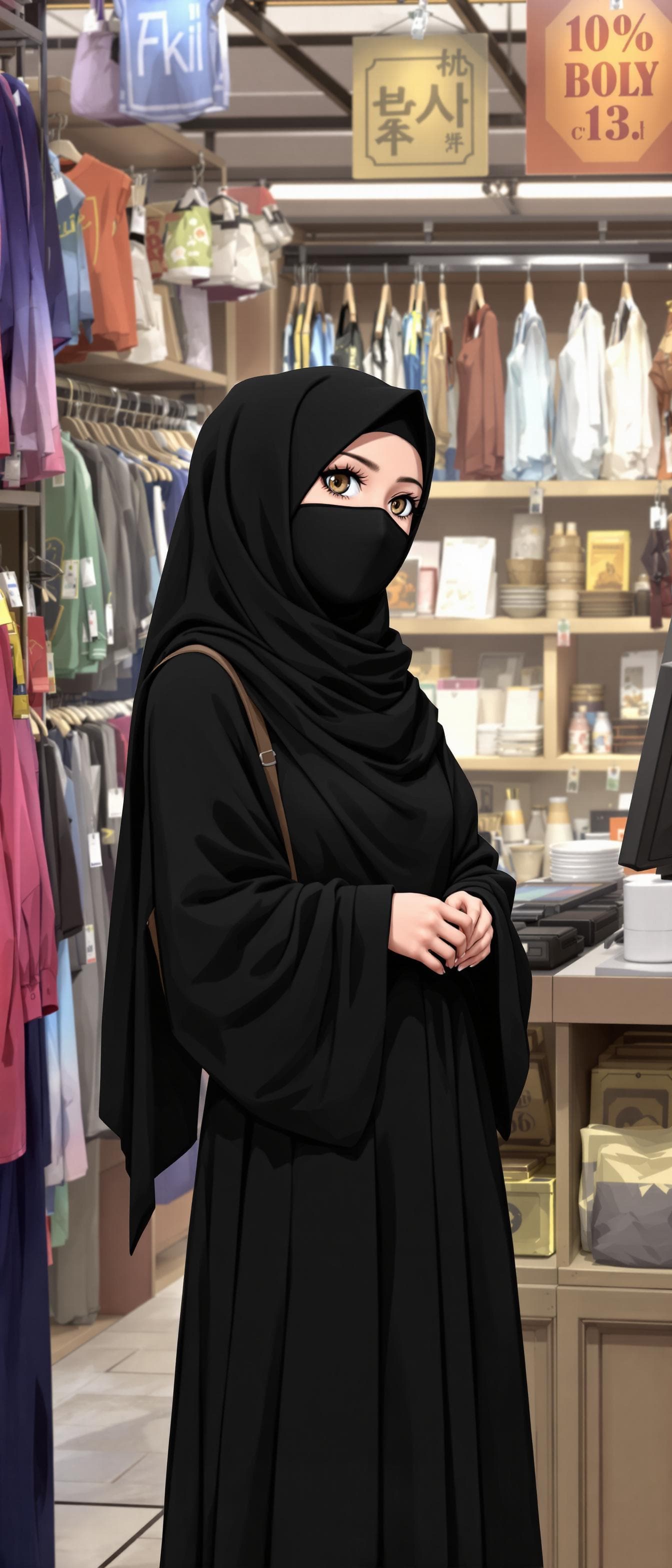 AI generated: anime of a girl, wearing a black hijab with the covering face like a Arabian woman in black clothes,...