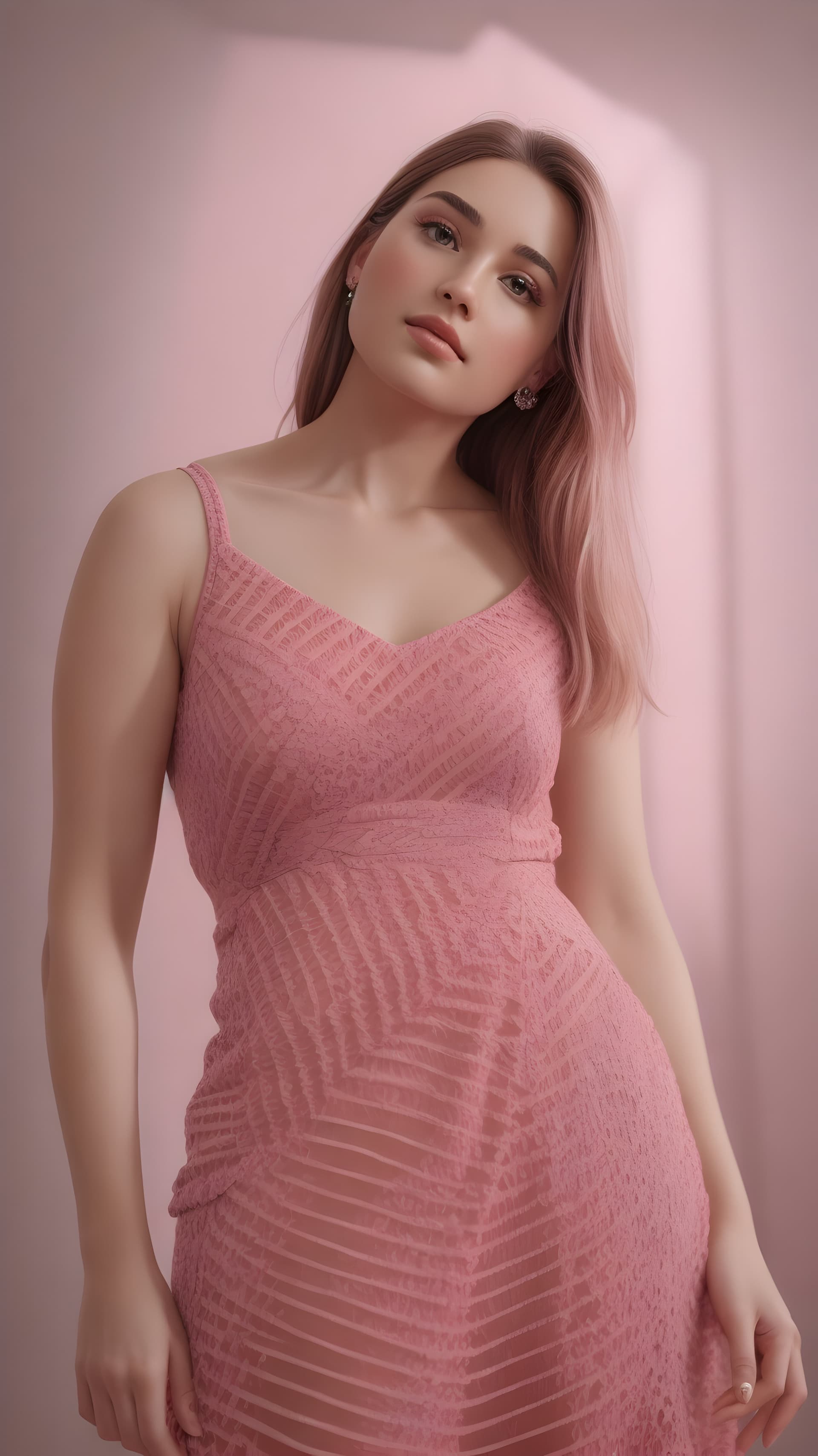 AI generated: Generate a hyper-detailed 4K image showcasing the beauty of a woman in a pink midi dress. Ensure the...