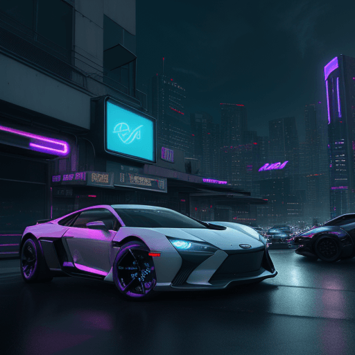 AI generated: /imagine prompt: outdoor unreal engine 4 modern car unique building variations eye level neon lights...