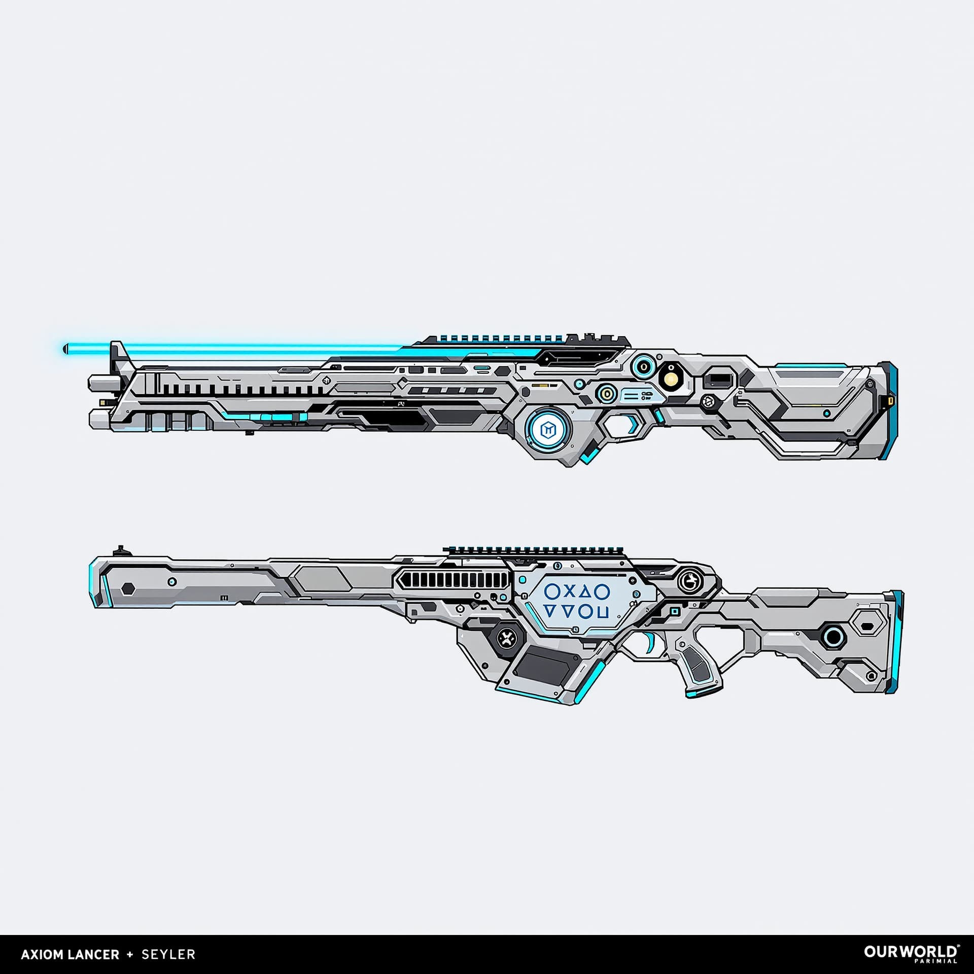 AI generated: Create a fictional space weapon for Our’World. Render Axiom Lancer rifle: long, broad chassis with f...