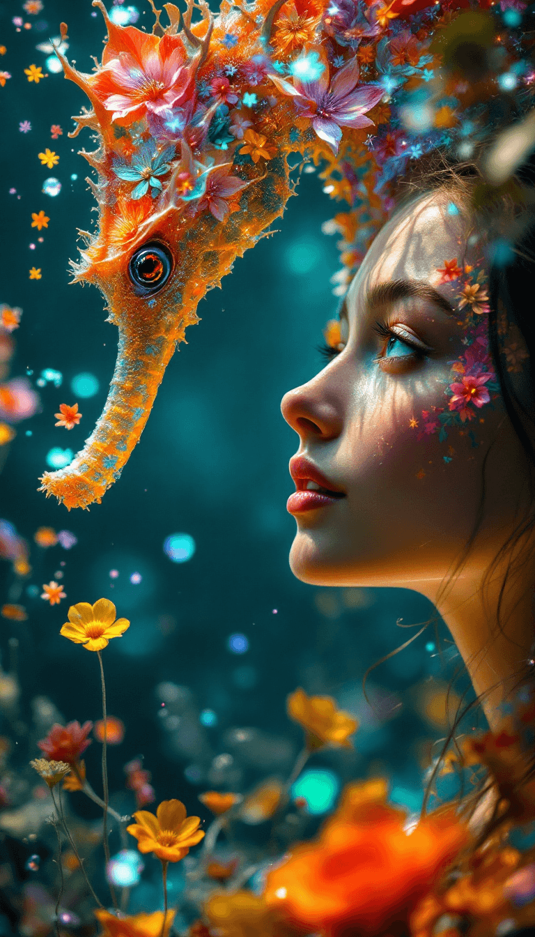 AI generated: 8K UHD image, warm eerie atmosphere: A macro underwater view of a girl with fair skin and a gentle s...