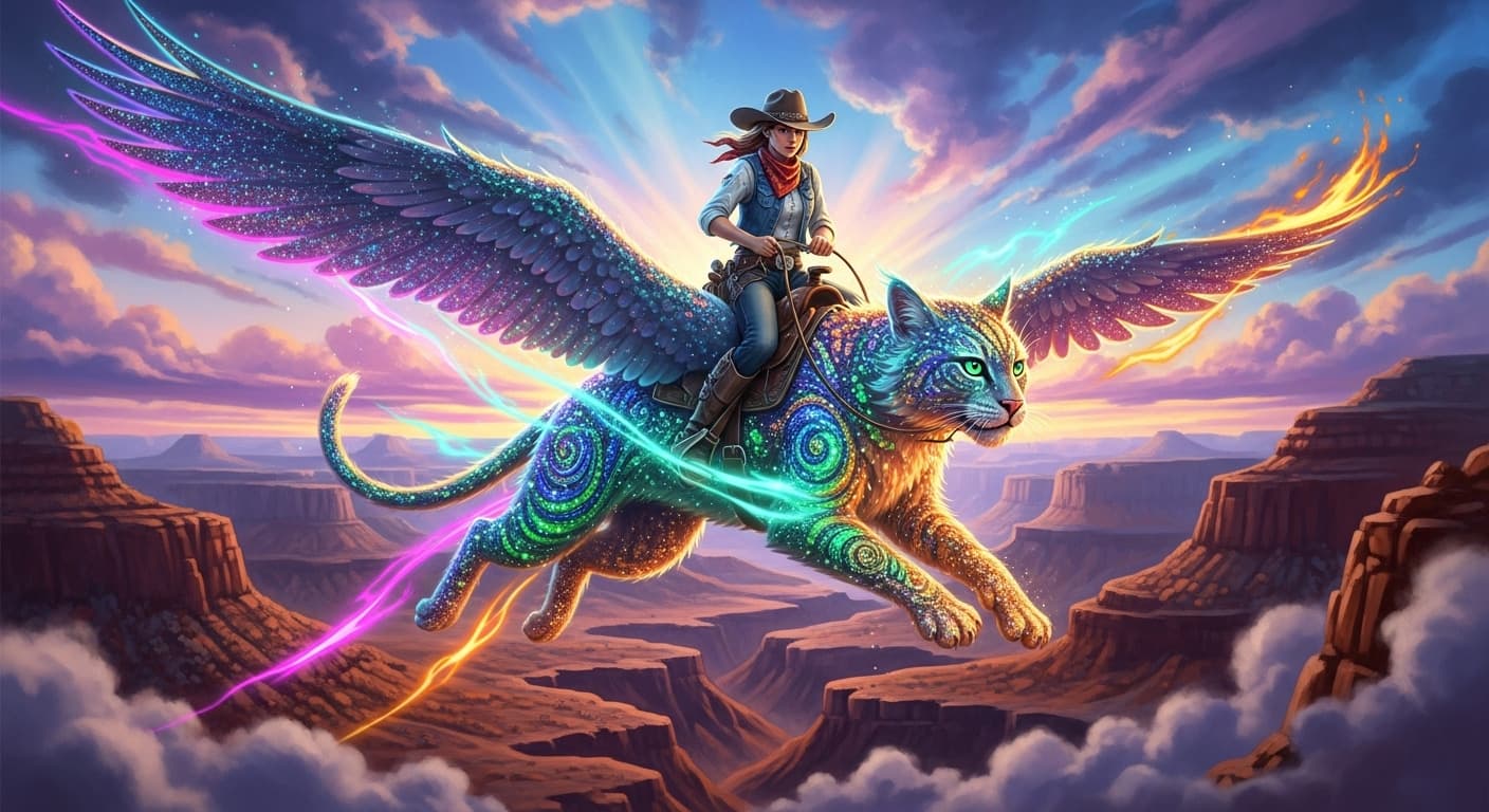 AI generated: A determined cowgirl riding a mythical, glittering cat, flying over breathtaking canyons surrounded ...