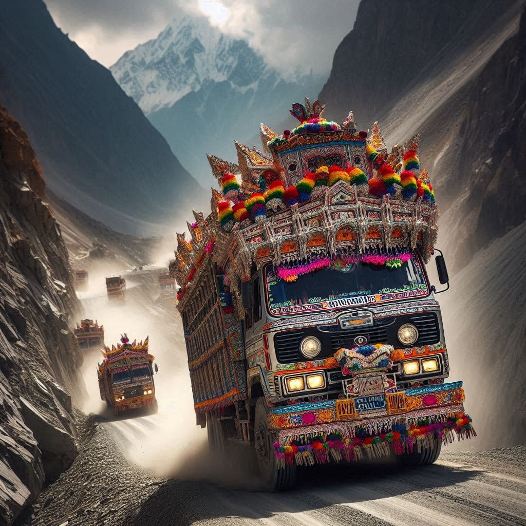 AI generated: A truck driving the dangerous Khaiber pass, has colorful Hindi decorations. Impressive dramatic scen...
