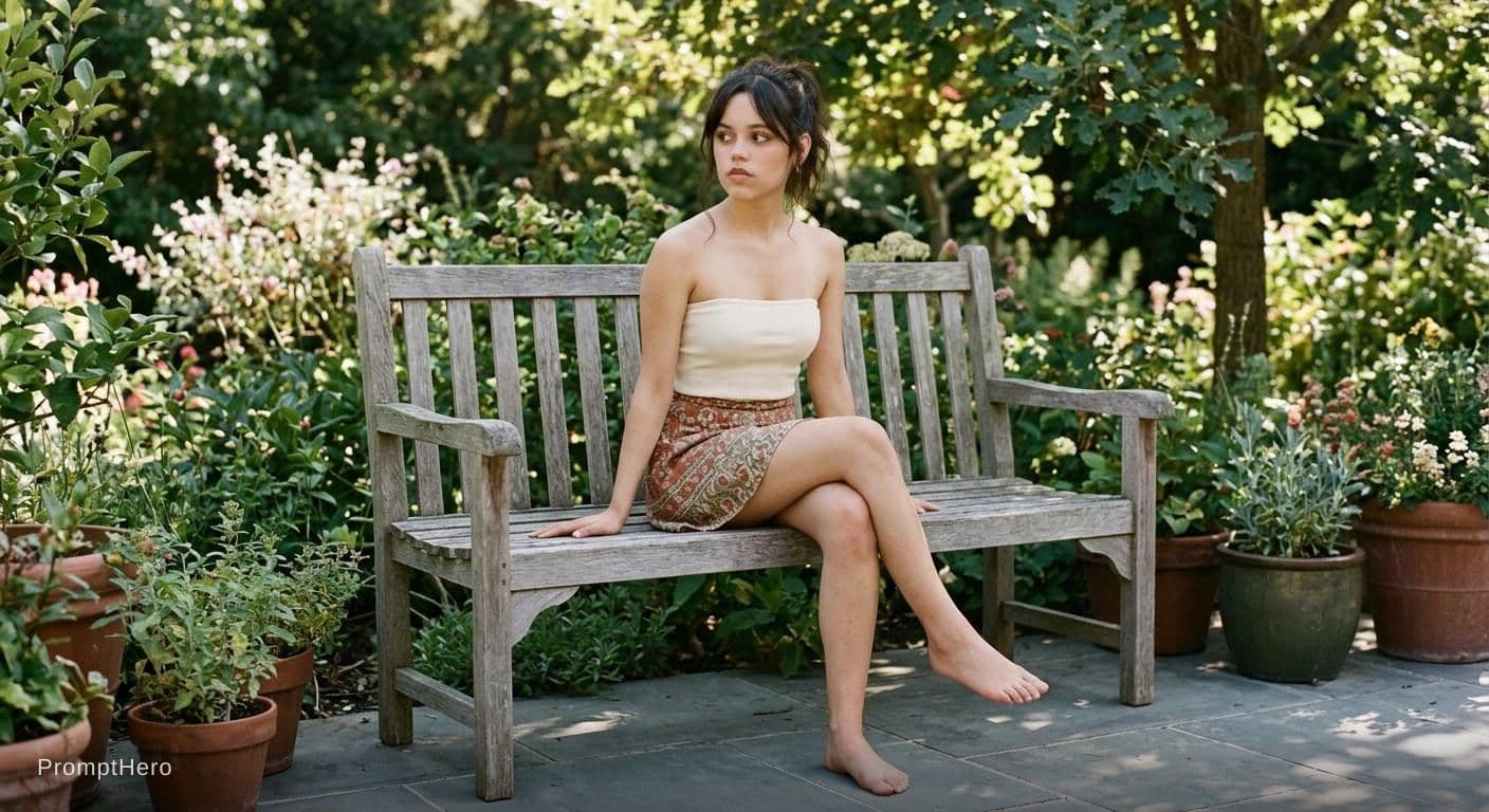 AI generated: Jenna ortega wearing a mini skirt and a tube top and barefoot