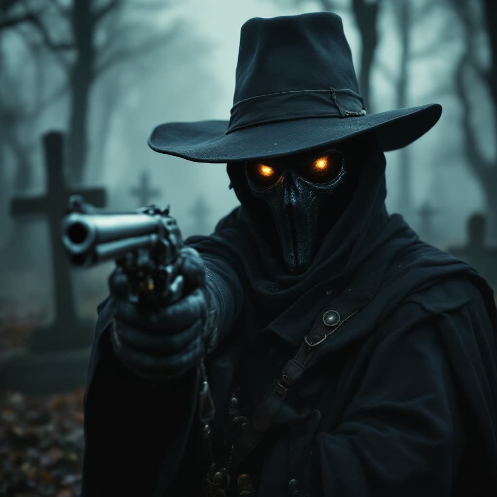 AI generated: 17th century Plague doctor, graveyard, fog, Hat, mask, leather, 6-shooter revolver, highly detailed,...