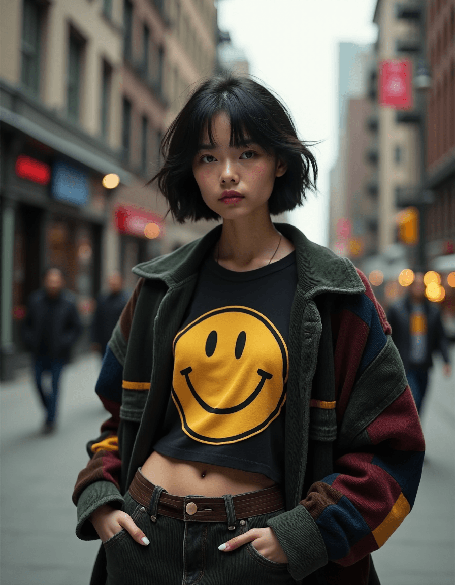 AI generated: High fashion photo medium shot of a young asian female supermodel, slim, small breast, flat chest, t...