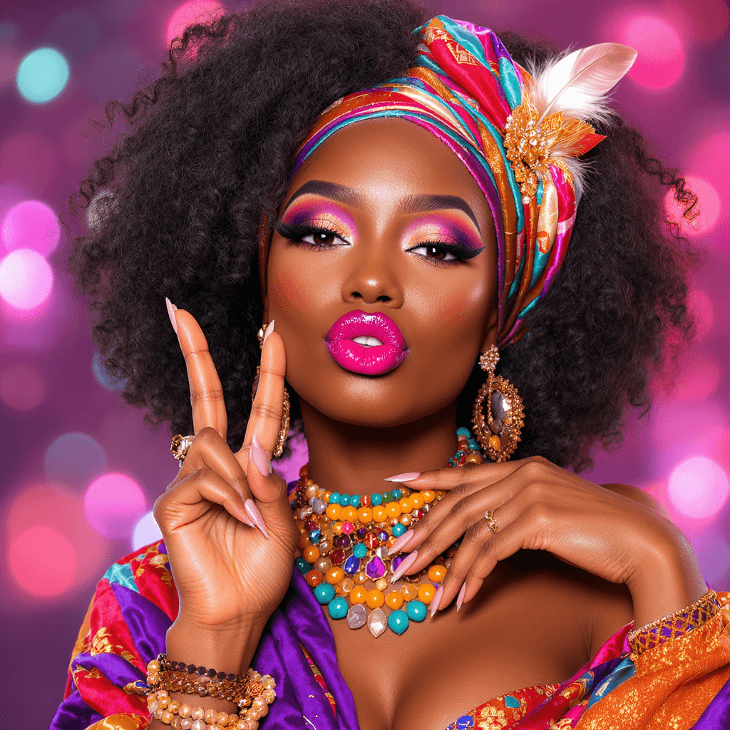 AI generated: A highly stylized digital portrait of a beautiful African-American woman. She has voluminous curly h...