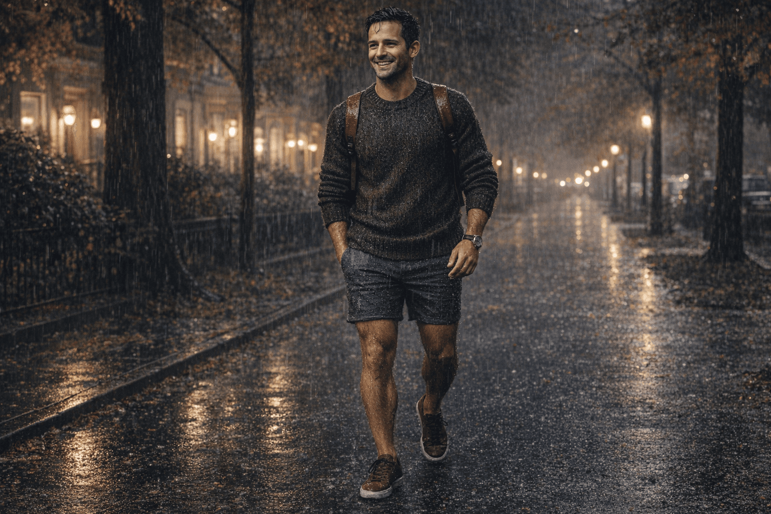 AI generated: In a cold night in the beginning of Autumn. 
The model is walking on the sidewalk in a very nice nei...