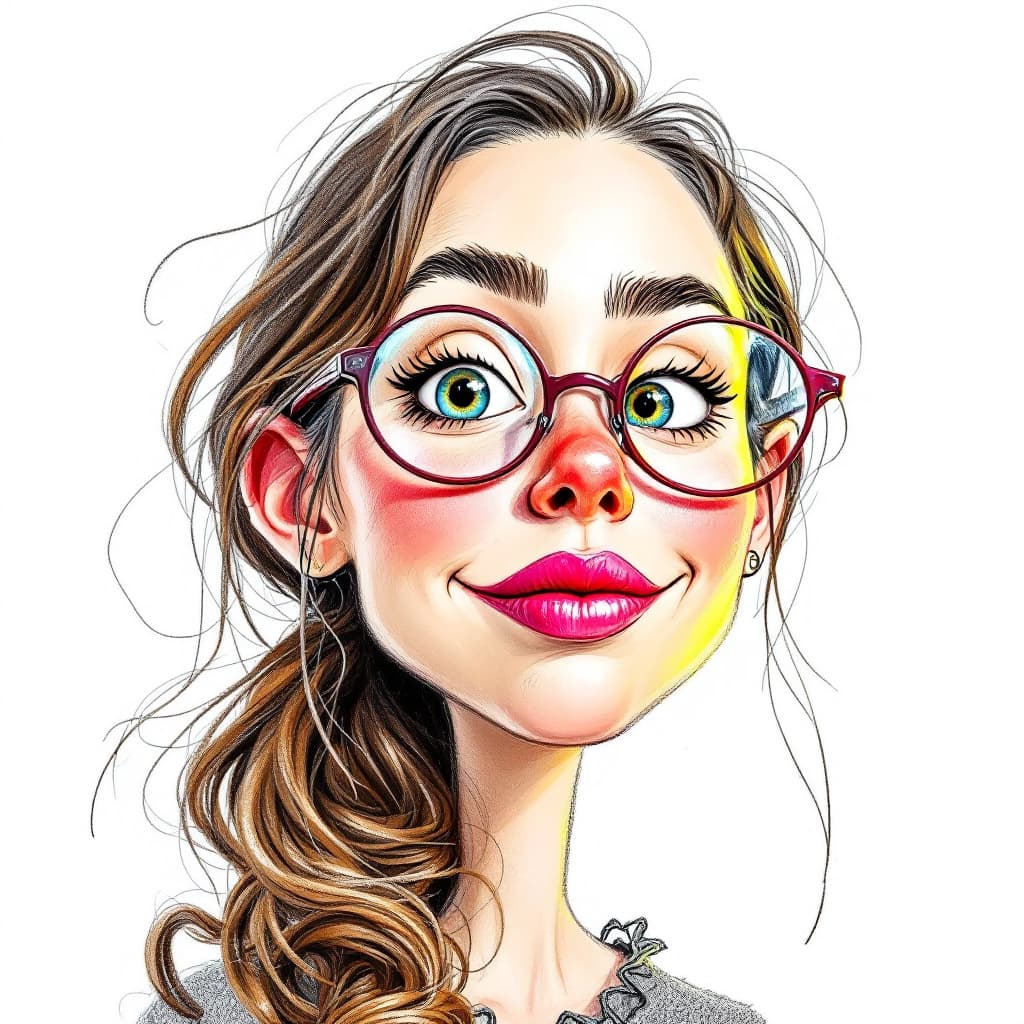 AI generated: Caricatures pencil drawing, cute woman, mid-20's, color pencils, in the style of Pixar, hilariously ...