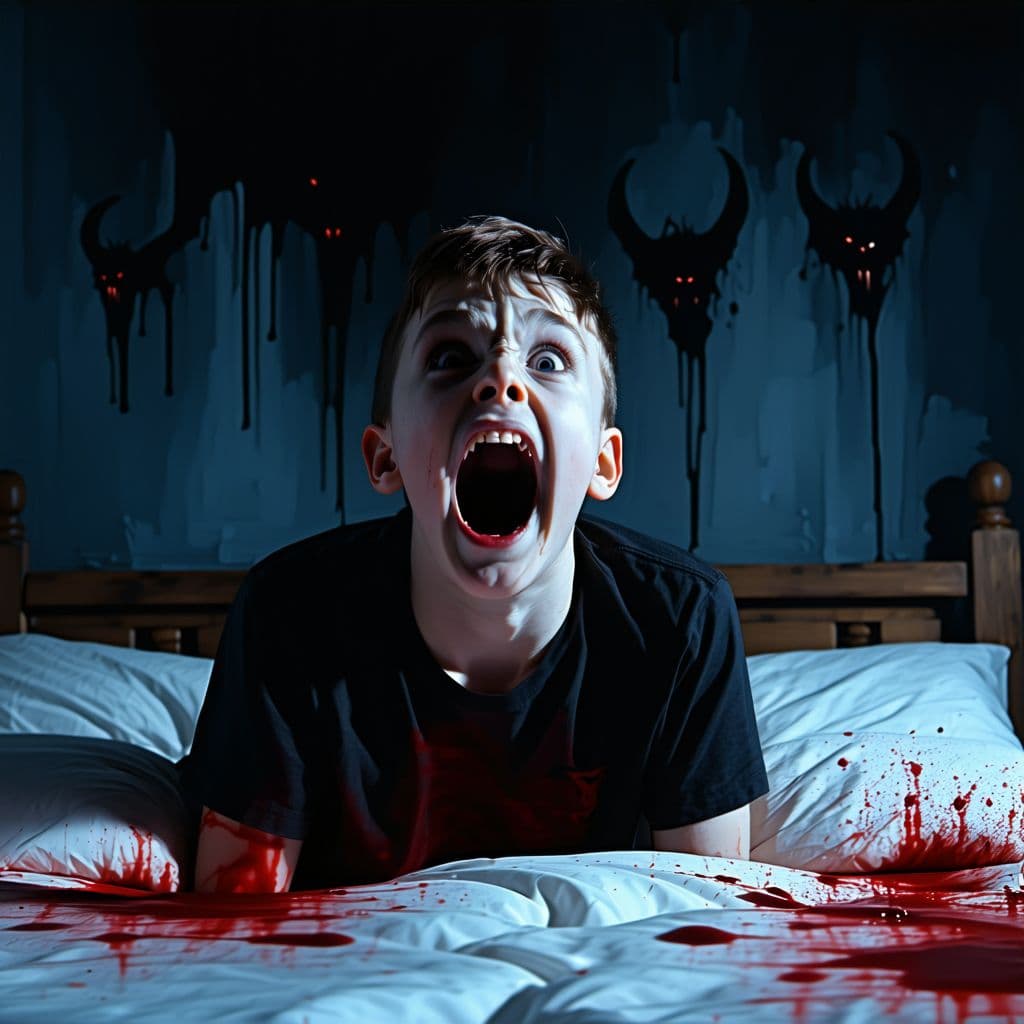 AI generated: Joshua Barraclough sees demons at the end of his bed and screams blood curdling screams with eyes fu...