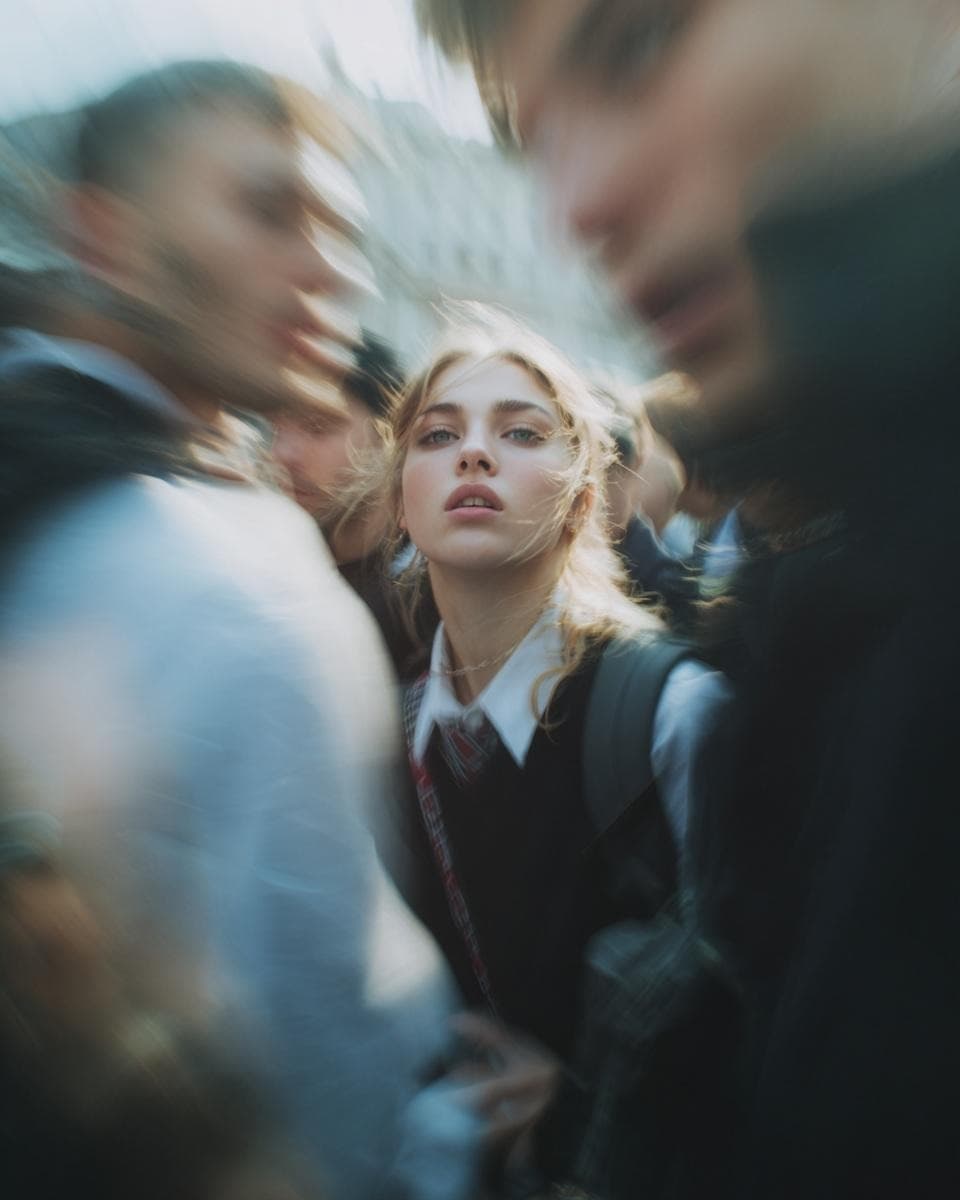 AI generated: Paparazzi-style extreme close-up photo of a woman with striking facial features, caught off-guard wh...