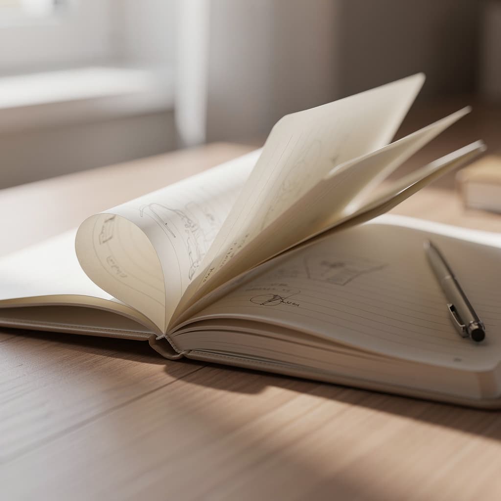 AI generated: Notebook on a desk with several pages turned, soft daylight