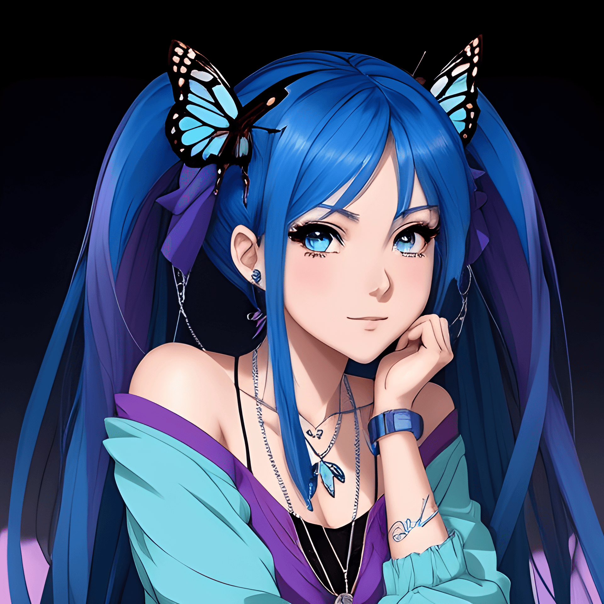 AI generated: anime girl with blue hair and butterfly necklace posing for a picture, anime vibes, 2 d anime style,...