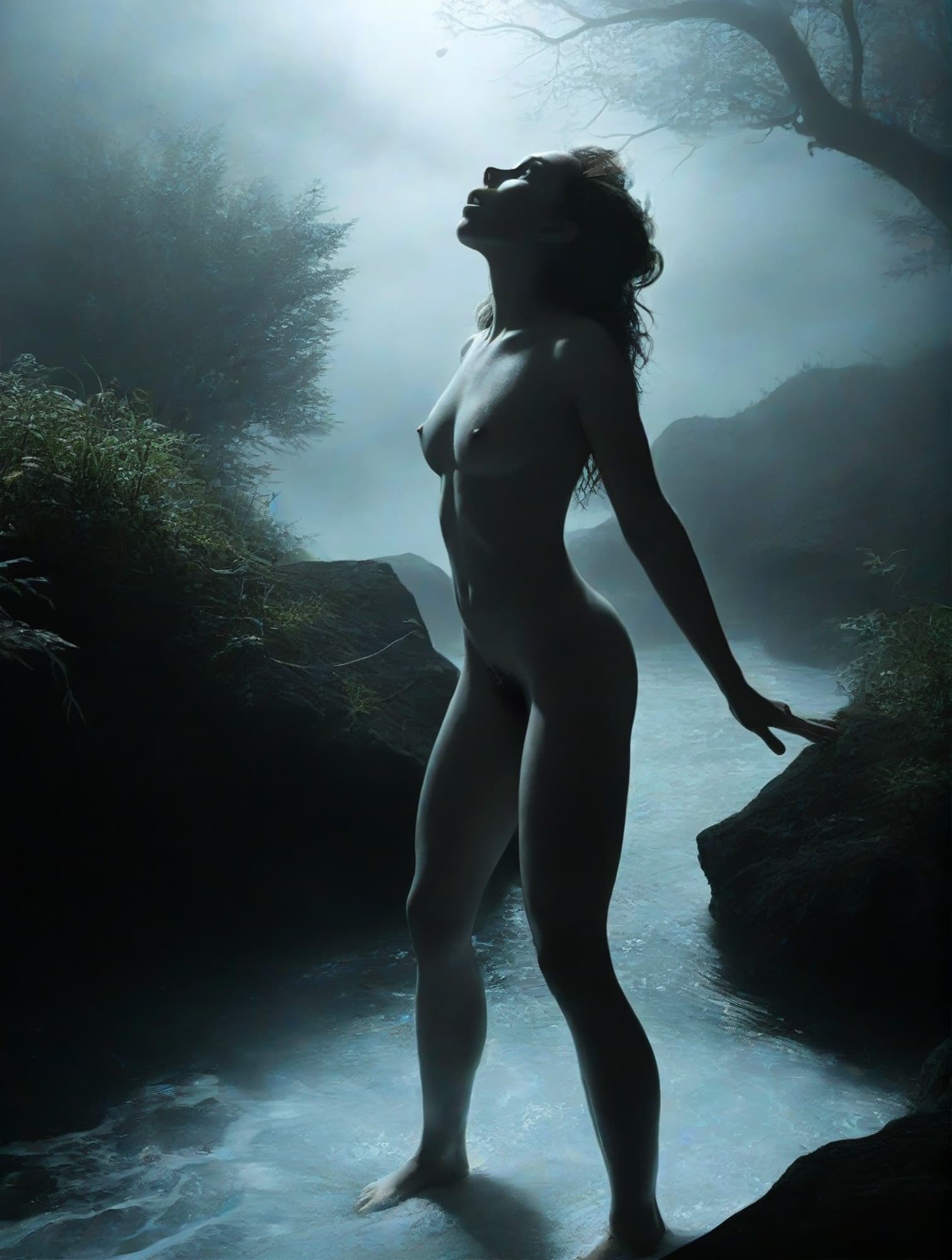 AI generated: Extreme close up view, face portrait, young nude woman standing on a creek in epic pose, looking up,...