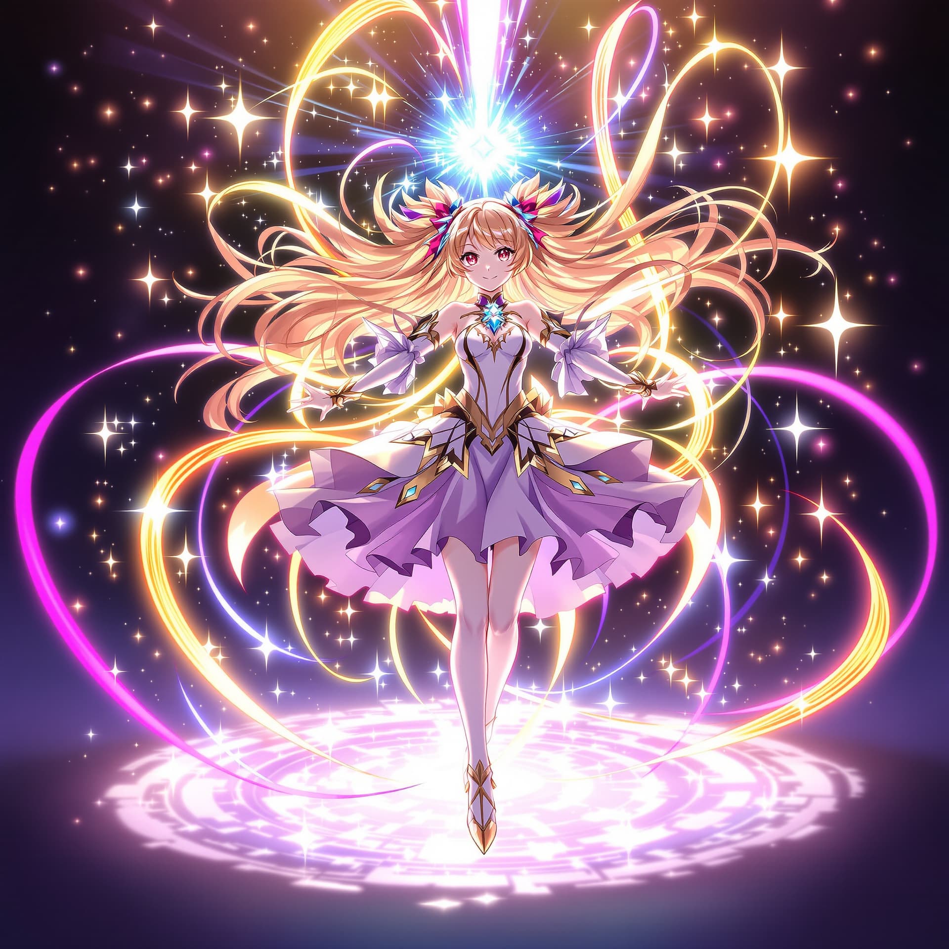 AI generated: masterpiece, best quality, anime illustration), magical girl transformation scene, glowing ribbons o...
