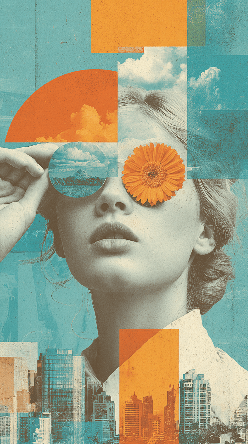AI generated: surreal editorial collage, female with flower eyes, orange and teal, cityscape, abstract symbolism, ...