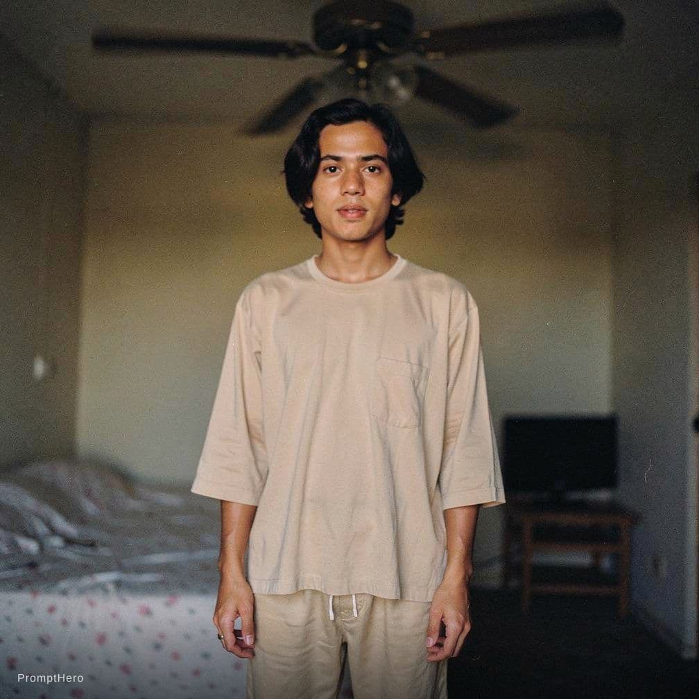 AI generated: A candid documentary style image captures a woman standing beneath a slow ceiling fan, heat hanging ...