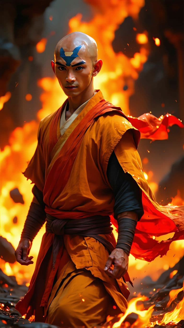 AI generated: avatar aang, the last airbender, in the style of furaffinity, orange robes, red, #vfxfriday, massurr...