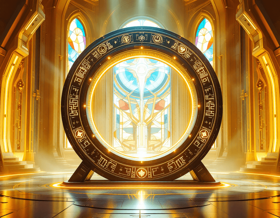 AI generated: A large, circular sci-fi portal ring embedded with glowing glyphs and ancient symbols, standing upri...