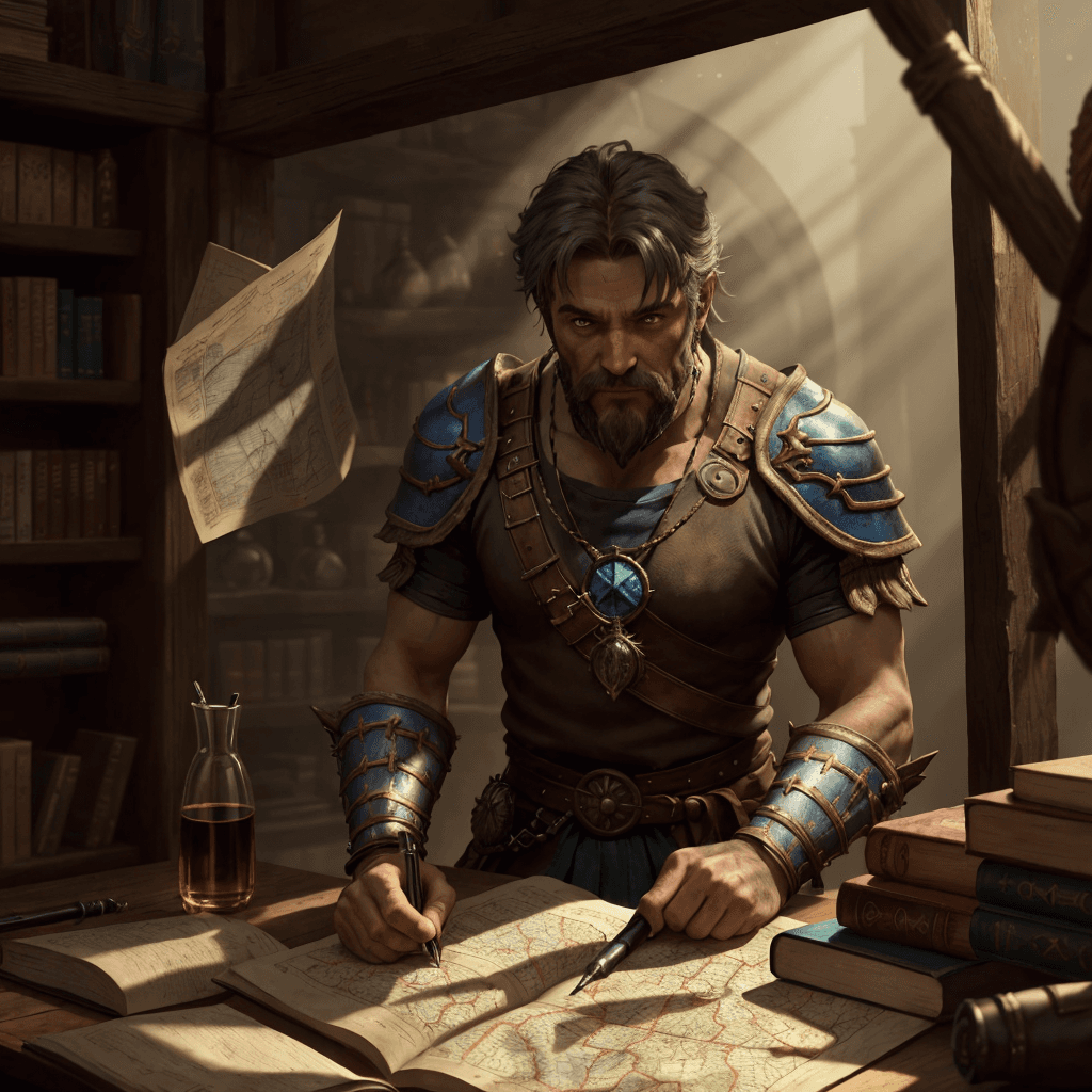 AI generated: A dungeon master plotting his next moves over a table with a map, figurines, and books, (masterpiece...